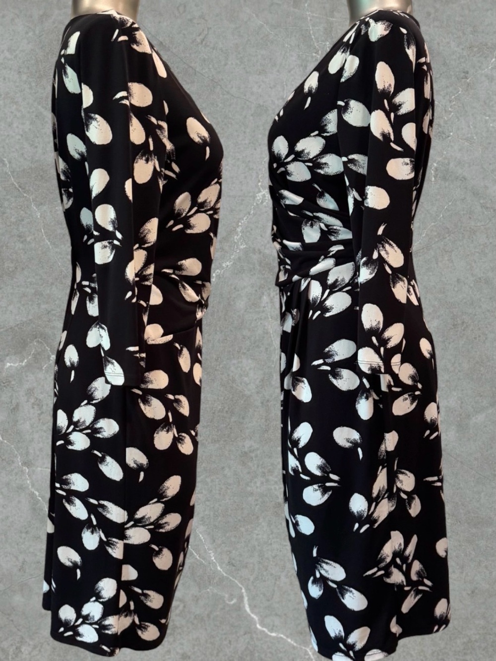 2 for $30 | Evan Picone Black & White Floral Wrap-Style Midi Dress - Picture 7 of 15